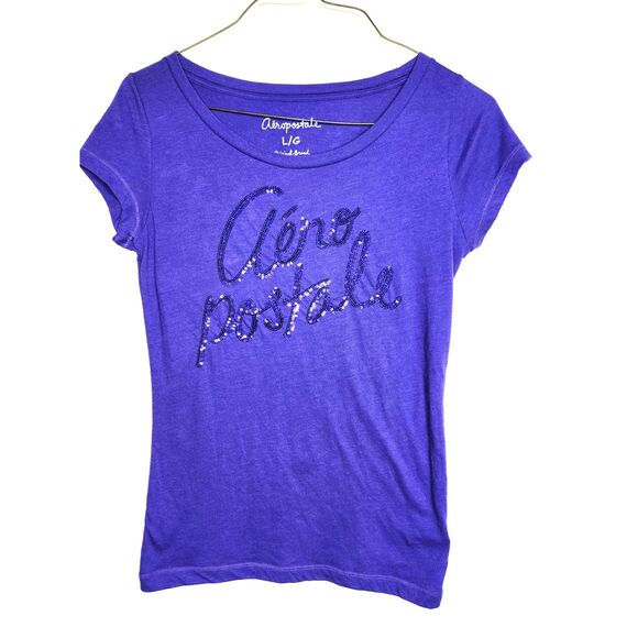 Y2K Style Aéropostale Woman's Spell Out T Shirt Sz. L Sequin Spell-Out Purple - Picture 1 of 6